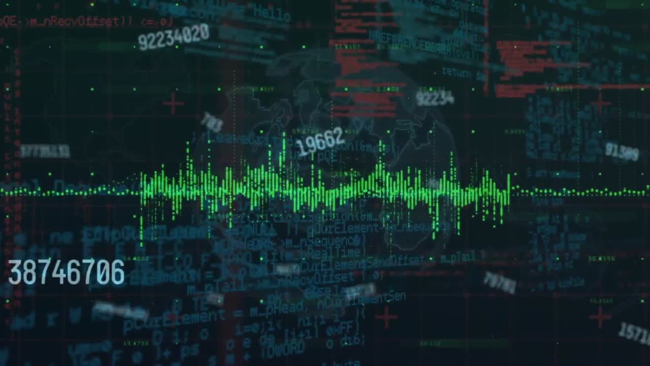 Animation of data processing and numbers on black background