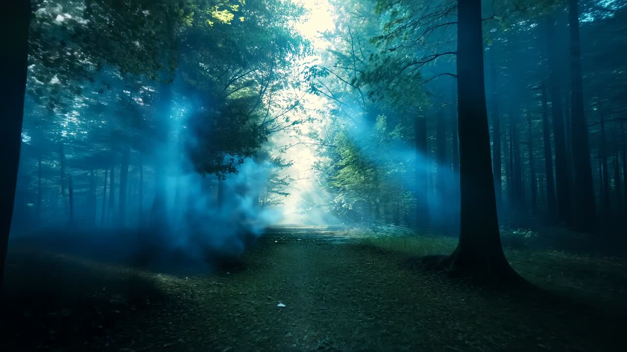 Kamera liikkuu kapeaa polkua pitkin aukiolle, auringonvalo tunkeutuu latvuston läpi, sininen usva leijuu