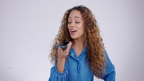 speaker, phone and business woman talking on voice