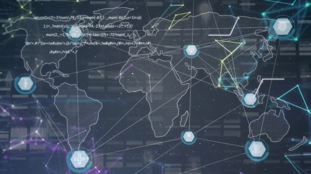 Animation of connected dots over computer language on map against black background
