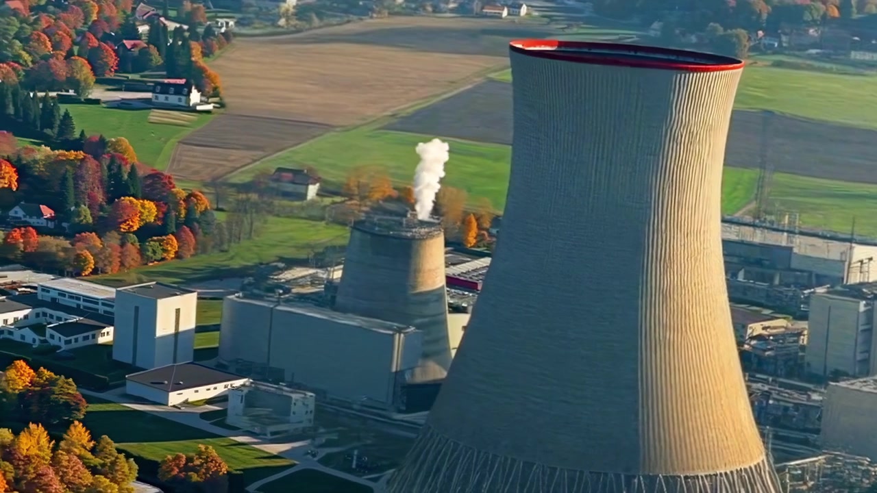 Vista aerea di una centrale nucleare con torri di raffreddamento che emettono vapore in un paesaggio autunnale