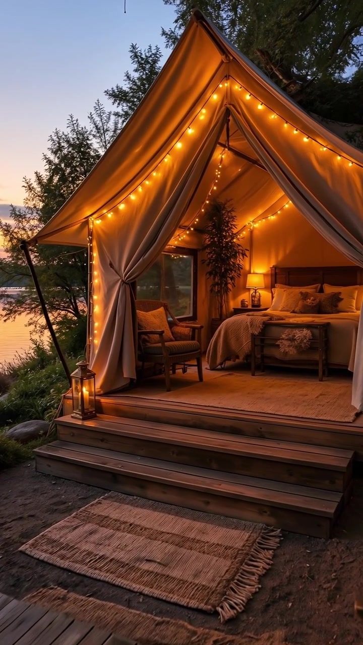 Tenda da glamping accogliente illuminata con lucine vicino a un lago calmo al tramonto