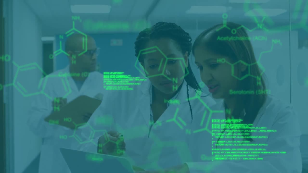 animación del procesamiento de datos y la fórmula química en diversos científicos