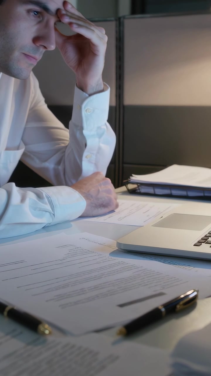 Video verticale: Uomo in camicia bianca che legge documenti, si strofina la testa e controlla il laptop alla scrivania, con spazio per il testo.