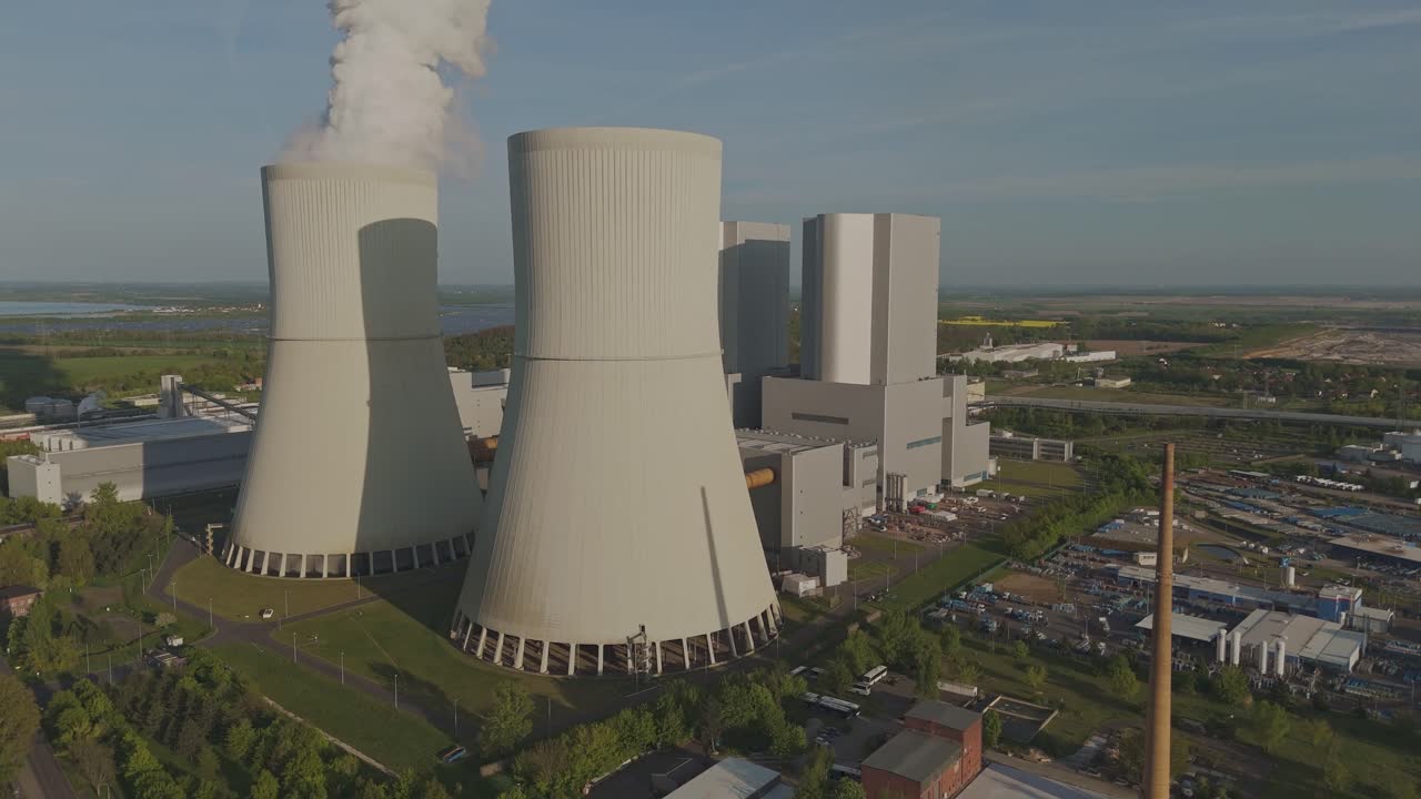 Aerial drone view of the Lippendorf power plant near Leipzig, Germany. Cooling towers, smoke, and industrial facilities surrounded by green fields under clear sky.