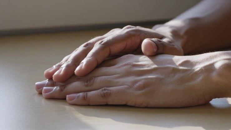 Une paire de mains, paumes vers le bas, fait glisser la main droite sur la gauche sur une table, sous la lumière d'une fenêtre.