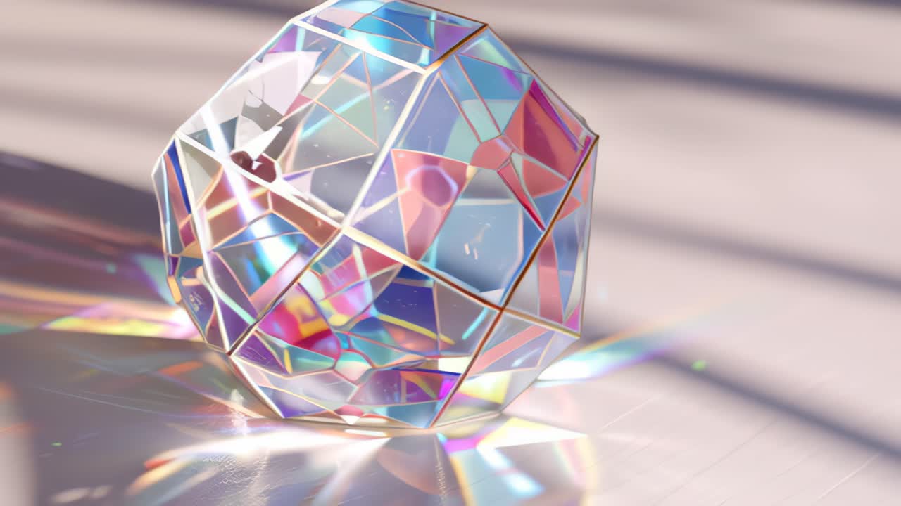 Prisma poliedrico di cristallo 3D astratto che ruota sotto una luce solare soffusa, creando riflessi iridescenti e caustiche arcobaleno su uno sfondo pastello pulito per uso di design.