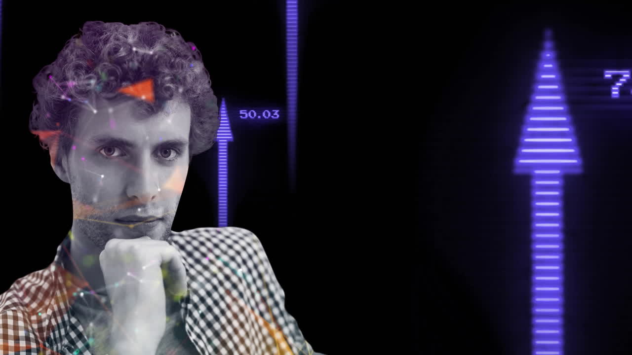 Person surrounded by digital arrows and numbers, suggesting data analysis animation