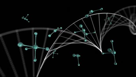 Animation-of-dna-strand-spinning-and-molecules-over-dark-background