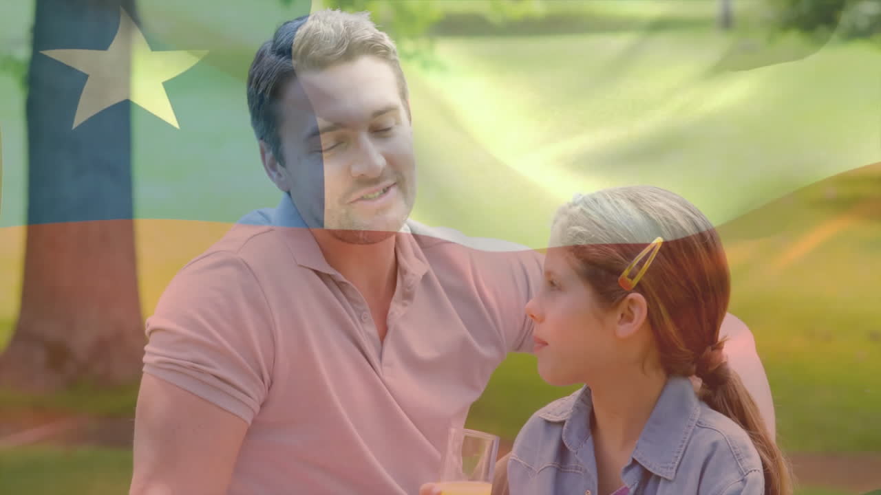 hablando en el parque, hombre y niño con animación de la bandera de chile en el fondo