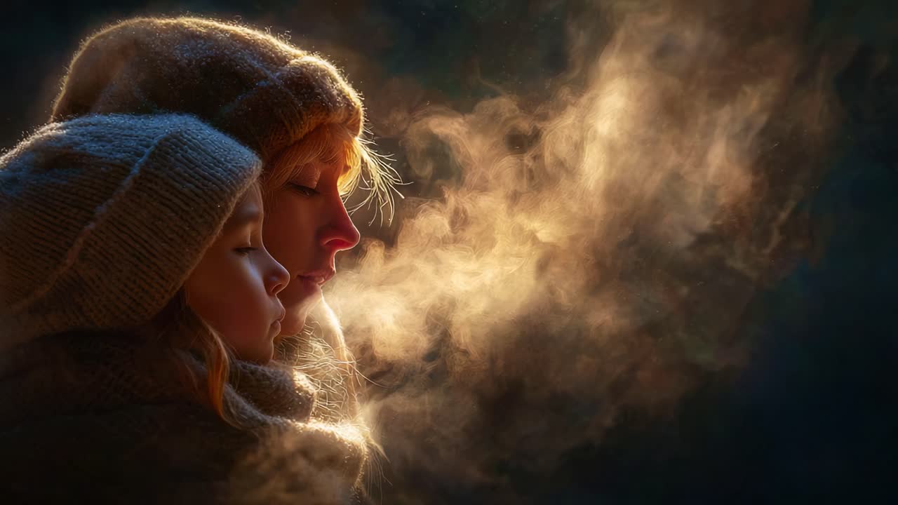 A heartwarming moment capturing the intimate connection between a mother and child, enveloped in serene winter warmth as they exhale visible breaths in the chilly air, radiating love and togetherness