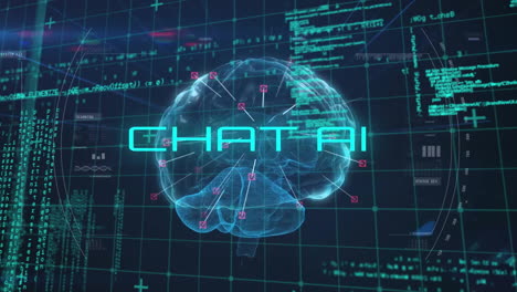 animation of chat ai text and brain with data processing over dark background