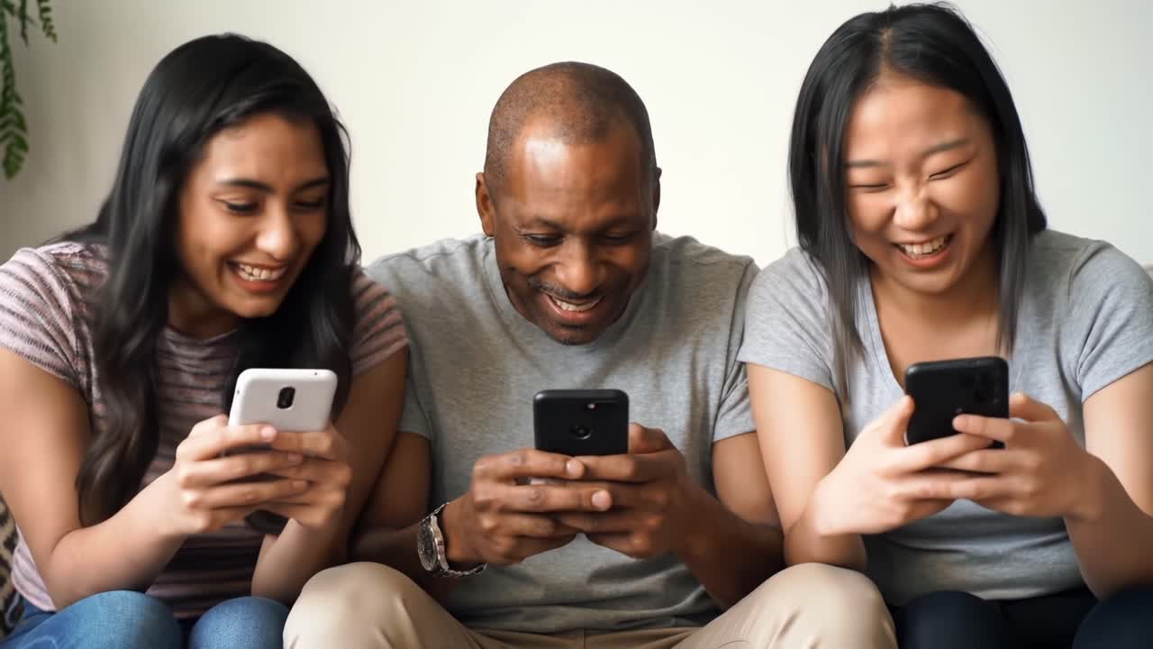 Friends Enjoying a Fun Moment Together While Using Their Smartphones Indoors