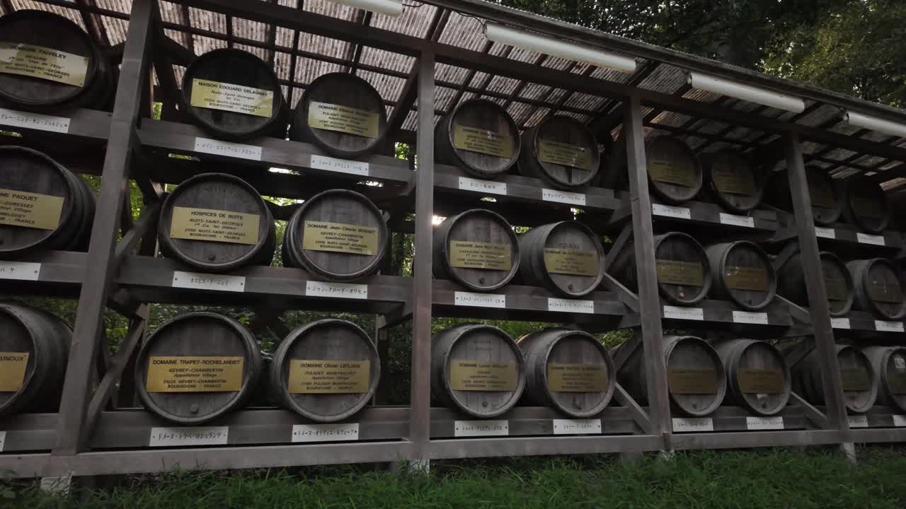 Kazaridaru sake wine barrels collection Meiji Jingu Shrine Tokyo, Japan