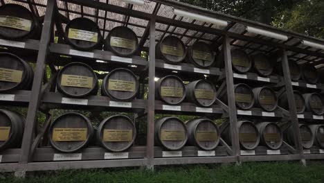 kazaridaru sake wine barrels collection meiji jingu shrine tokyo, japan