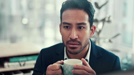 pensamiento, oficina y hombre de negocios con café