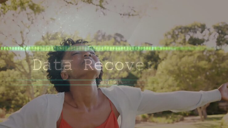 In nature, woman surrounded by digital data transfer animation overlay
