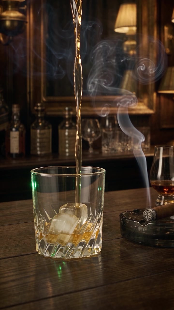 Un bicchiere di vetro spesso contiene diversi cubetti di ghiaccio solido e trasparente. Il ghiaccio brilla sotto la luce ambientale. Un getto dorato e brillante di whisky scende fluidamente.