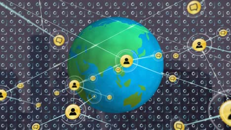 Animation-of-network-of-connection-with-icons-and-globe-over-cityscape