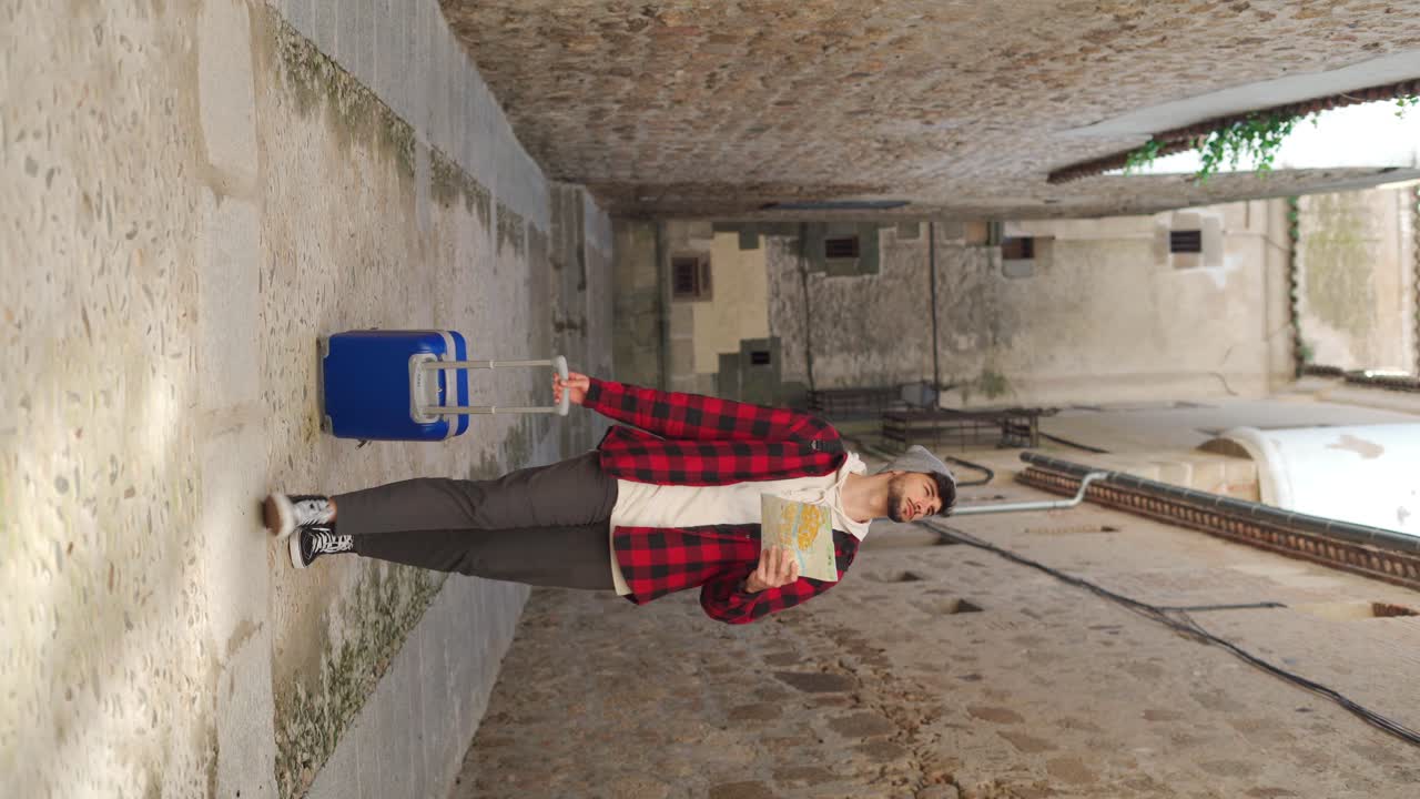 Traveling man with suitcase checking map