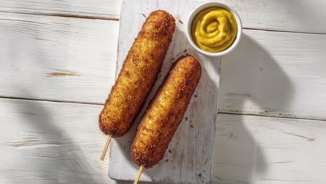 two golden-brown, breaded corn dogs with yellow mustard dipping sauce on a white wooden board