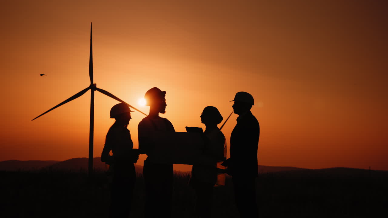 풍력 발전소 엔지니어들이 일몰 때 프로젝트를 논의하고 있습니다.