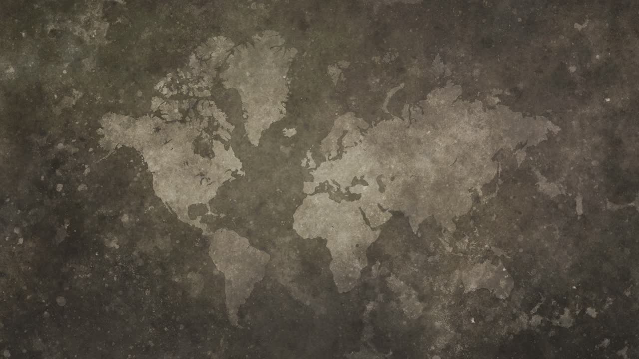 Loopable flickering sepia world map on vintage textured background, pulsing grunge surface, mottled and stained backdrop