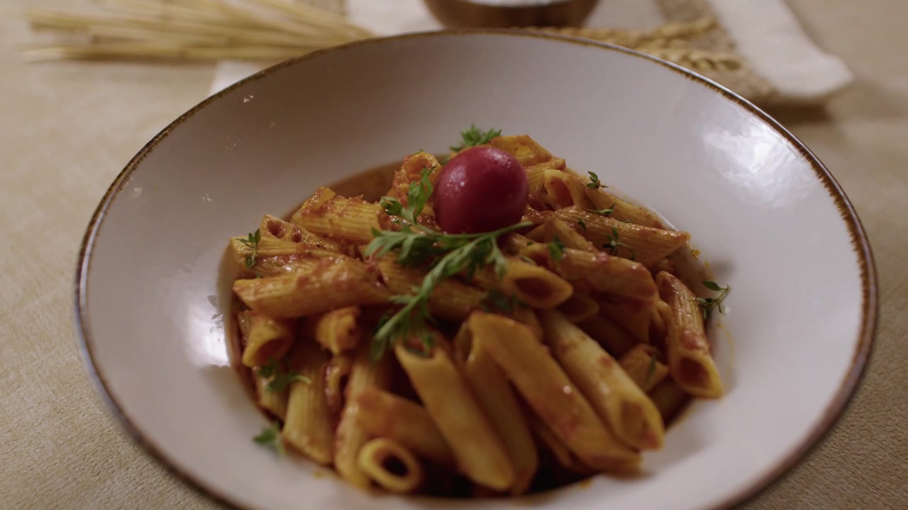 Pasta penne gourmet con un ricco sugo di pomodoro servita su un piatto e guarnita con verdure fresche