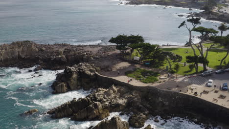 4k cinematic high angle shot of lovers point state marine reserve park in pacific grove california