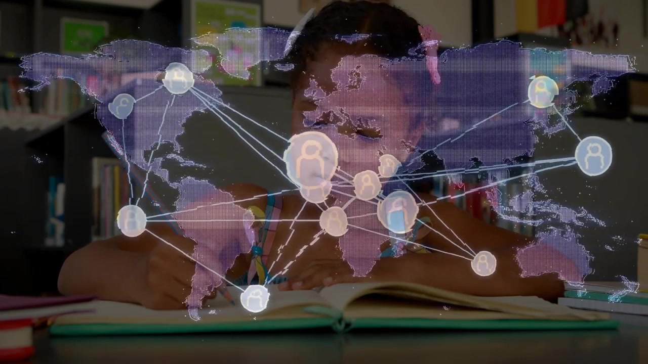 Girl student writing with pencil in open book, clear world map reacting, nodes pulsing for study