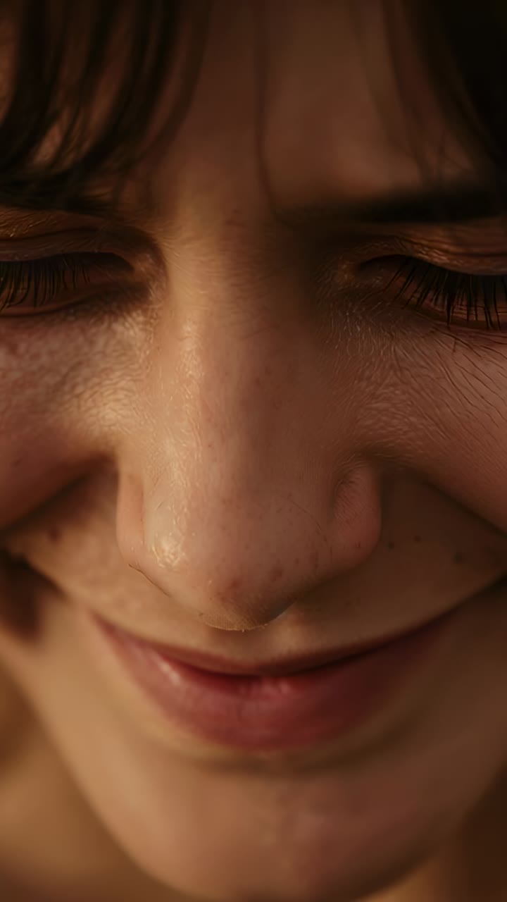 Vertical video: Holding back tears, woman keeping eyes closed in studio close-up with tear on cheek