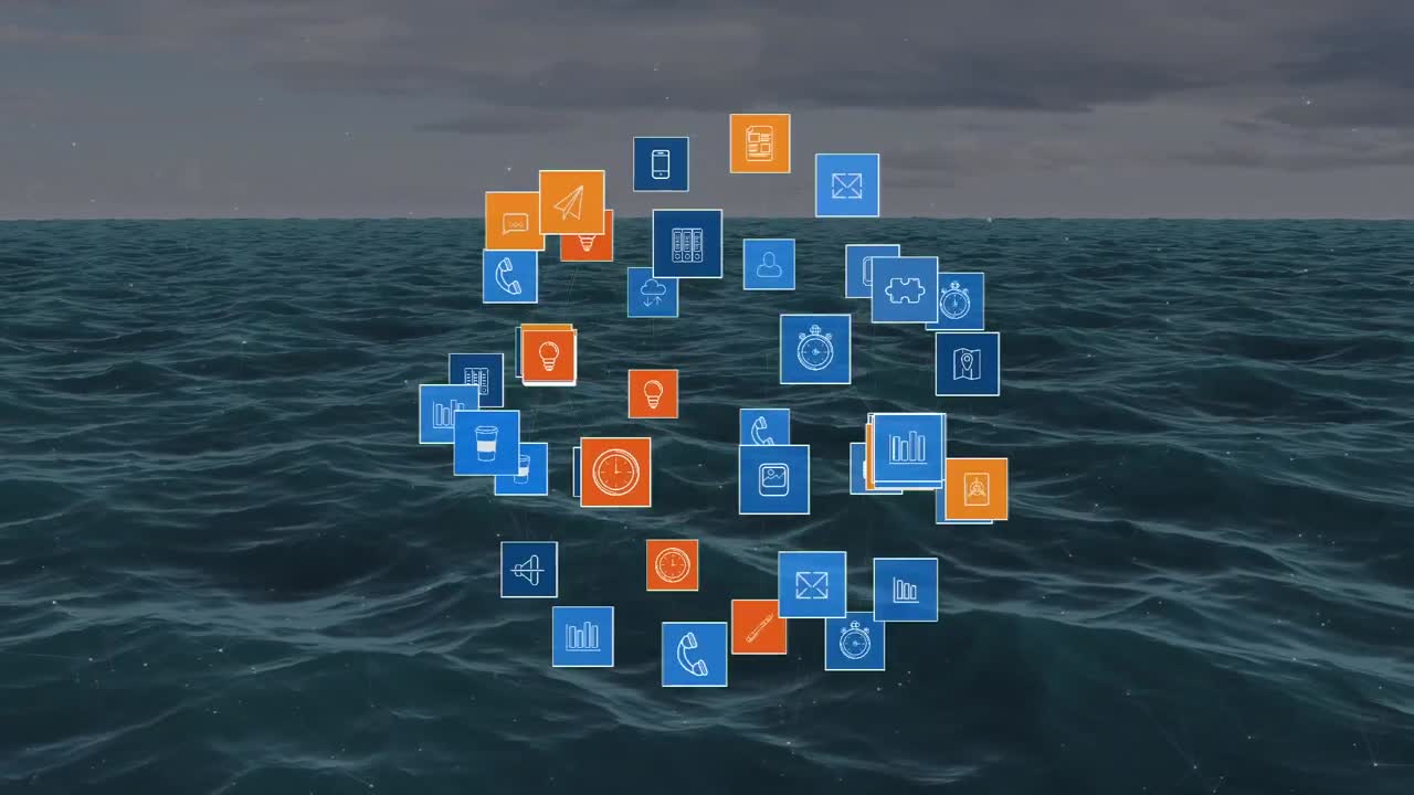 animación de iconos de los medios en el mar