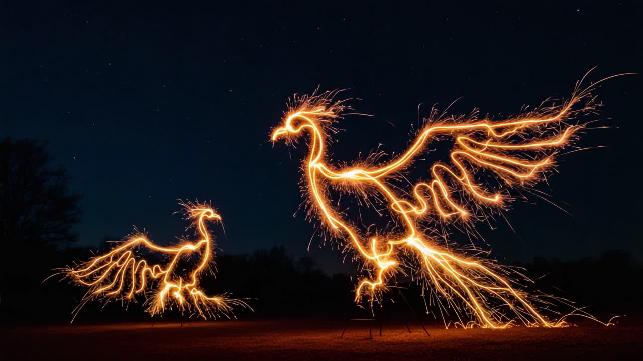 Dynamic Display of Sparkling Firebirds at Night: A Stunning Representation of Mythical Creatures Illuminated by Glowing Sparklers Amidst the Dark Sky