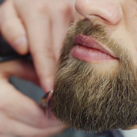 close up of beard being trimmed by barber