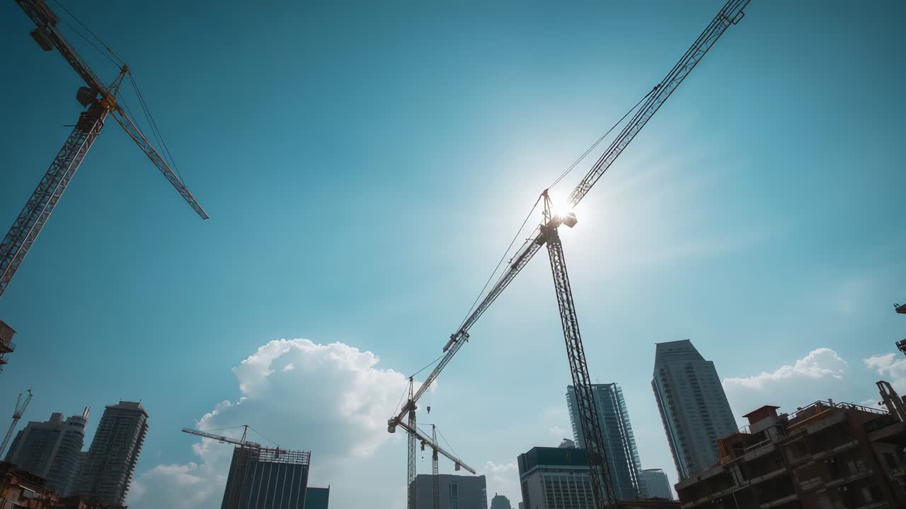 Tilting camera capturing central tower crane aligning with sun above downtown construction cranes