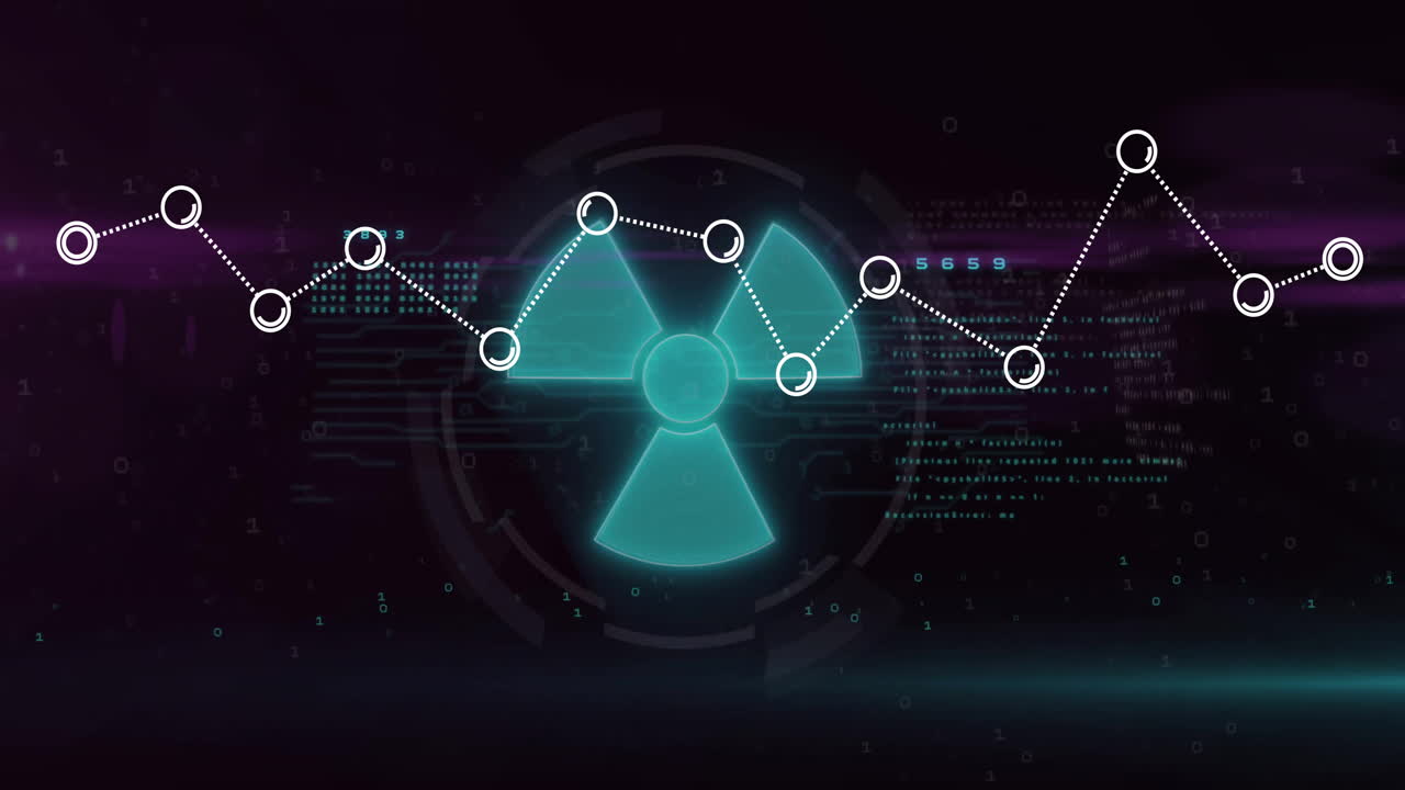 Radiation symbol with connected nodes and data points, scientific data analysis animation