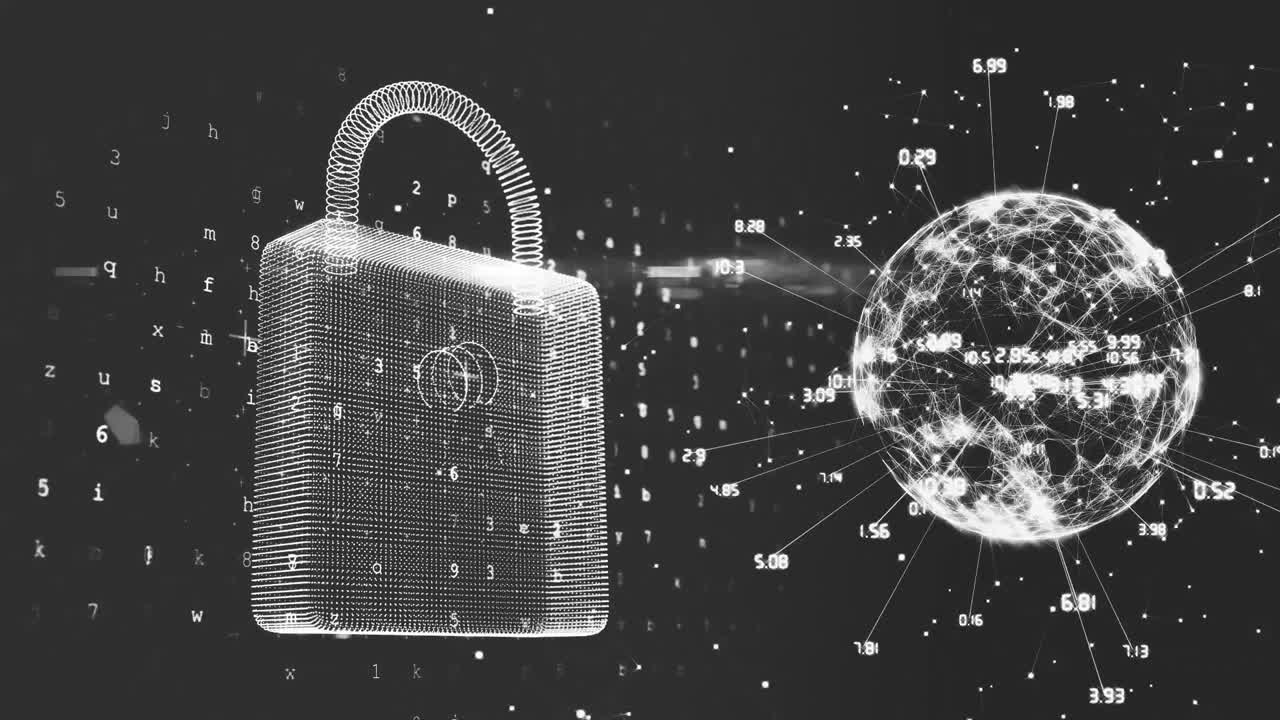 검은색 배경에 데이터 처리와 함께 회전하는  ⁇ 락과 지구의 애니메이션