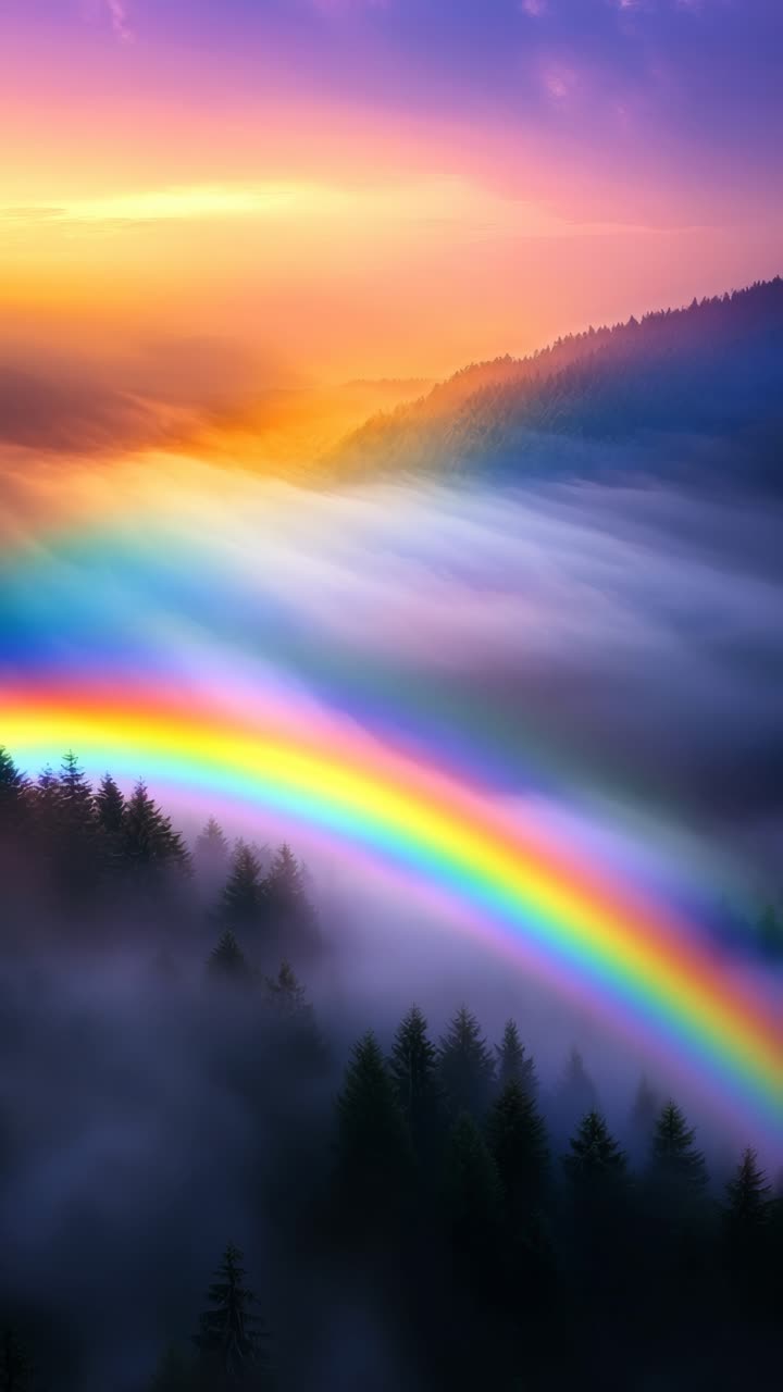 Aerial view of a vibrant sunset over misty mountains and forests, capturing a rainbow effect