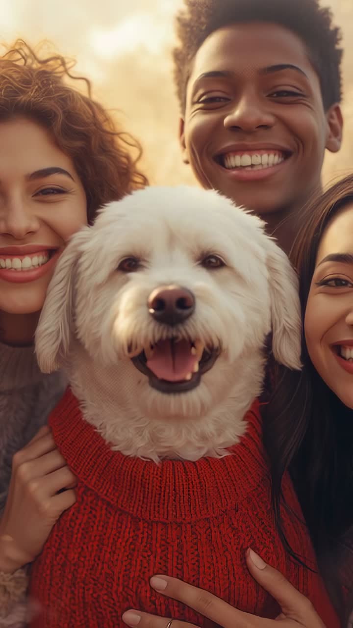 Vertical video: Lifting friends placing white dog in red knit, hands steadying for golden portrait