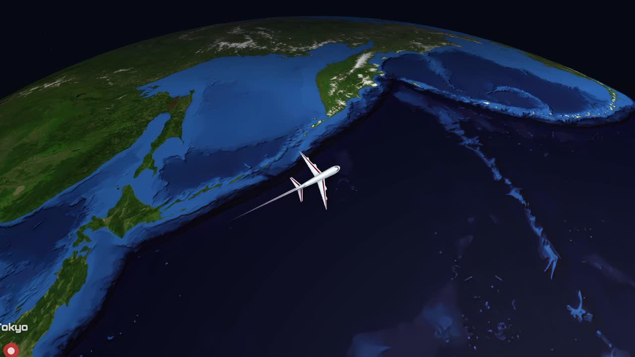 Satellite view animation follows an airplane flying from Tokyo across the Pacific to Dallas