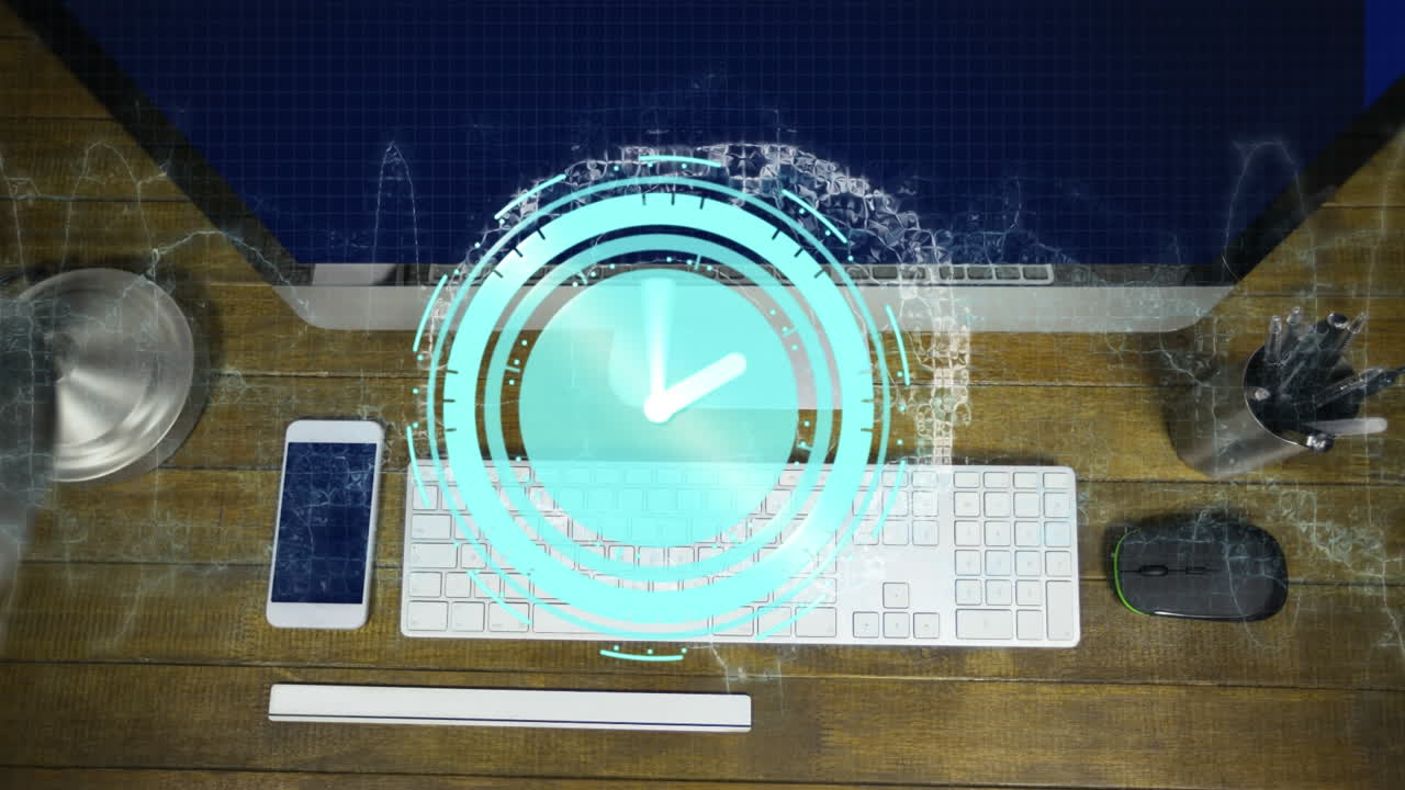 Animation of moving clock and digital brain over desk with computer, keyboard and smartphone
