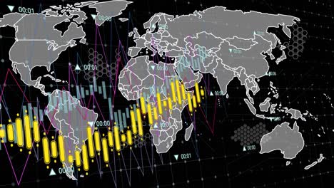 Animation-of-data-processing-over-world-map-against-black-background