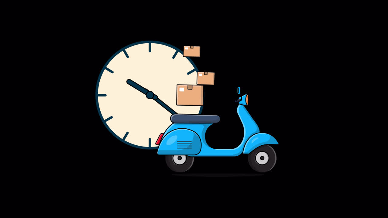 Animated Scooter with Delivery Boxes and Moving Clock