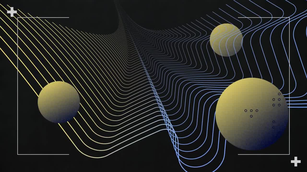 animación de líneas curvas azules y amarillas y esferas amarillas en negro