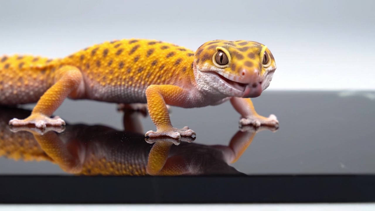 A Captivating Close-Up of a Vibrant Leo Gecko Showcasing Its Unique Patterns and Colors While Crawling Across a Glossy Surface