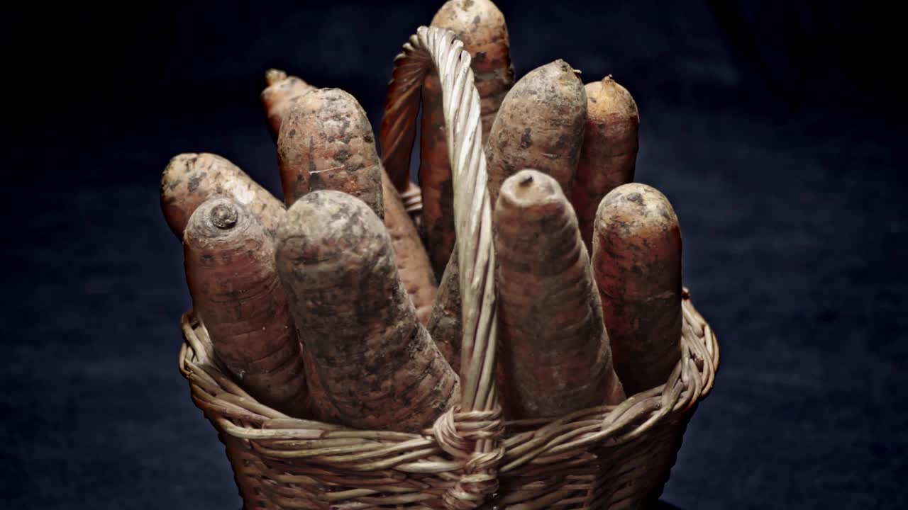 Composition of vegetables, rotation of a basket with root vegetables,  carrots on a black background
