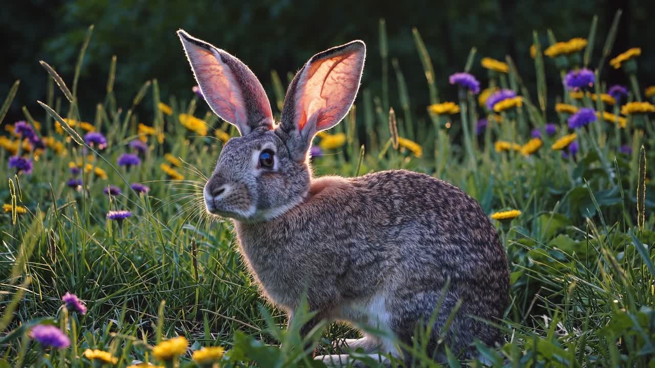 Um coelho em um prado de flores silvestres, capturado ao nível dos olhos.