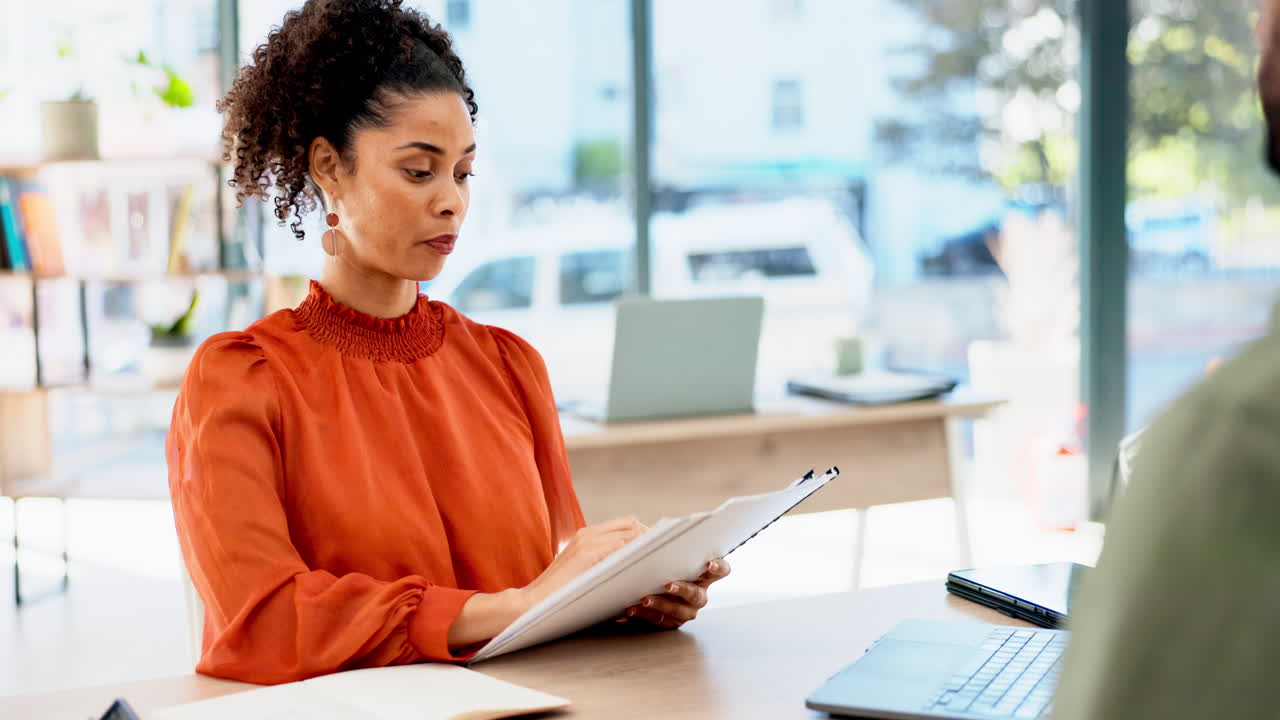 Job interview, documents and business people
