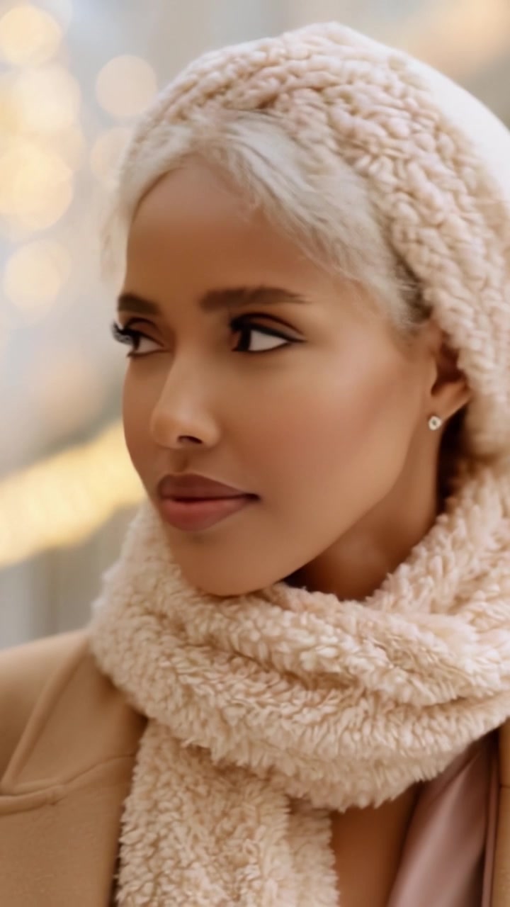 Un caldo e accogliente ritratto invernale che ritrae una bella donna con un morbido basco e una sciarpa beige, catturando l'essenza della moda e del comfort durante la stagione fredda.