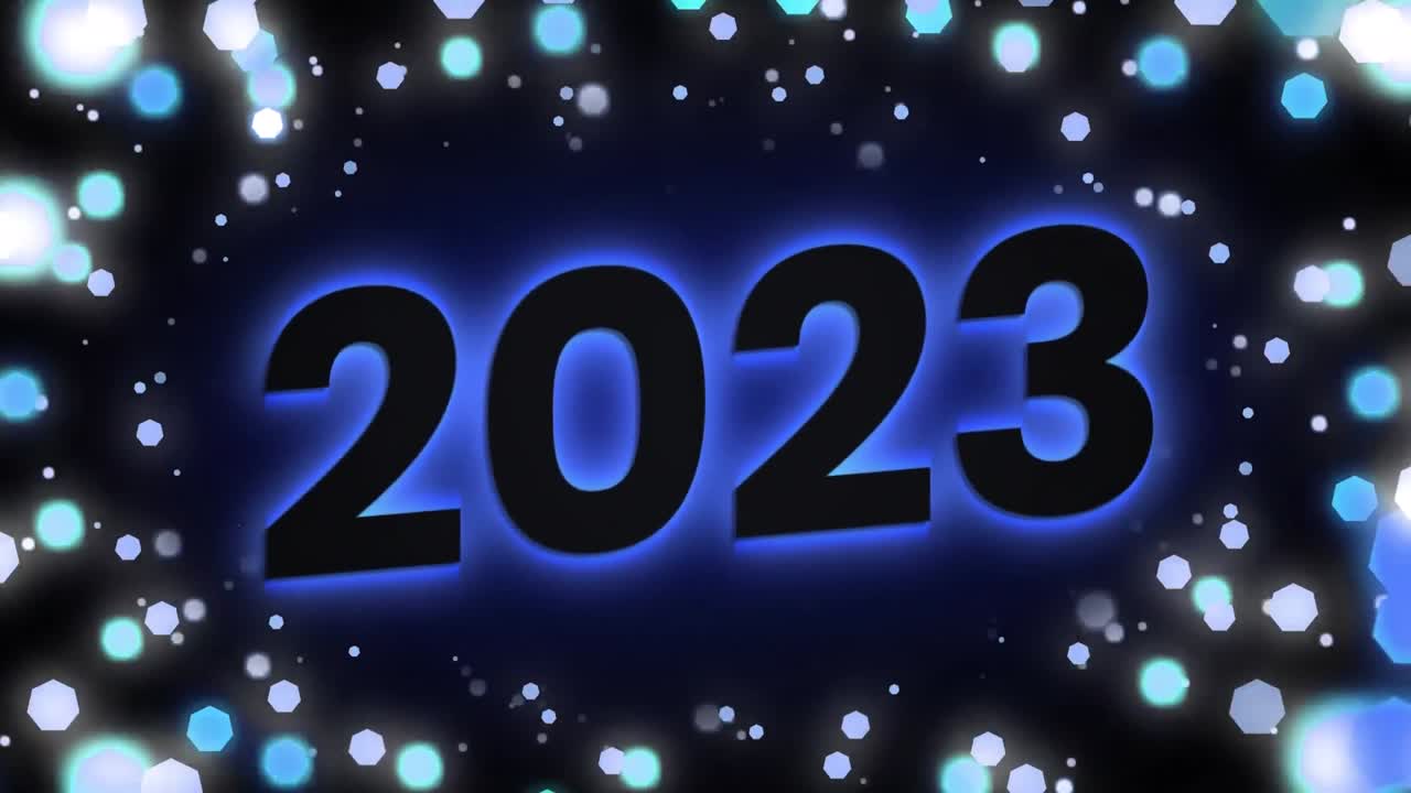 Animazione del testo "2023" con luci tremolanti su sfondo nero